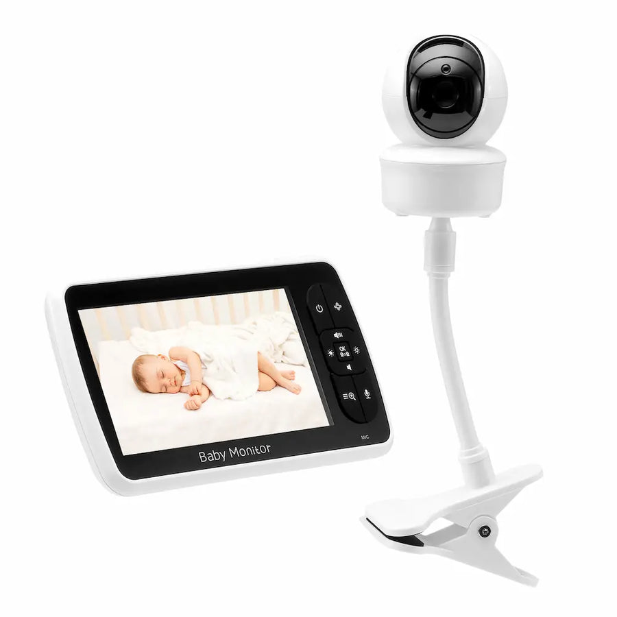 Komplet video-babyalarm med stor 5" skærm og fleksibel holder til montering på hylde eller bordkant